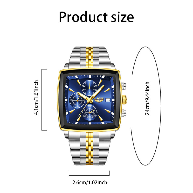 Montre à quartz analogique carrée pour homme LIGE – Bracelet en acier inoxydable, affichage du calendrier, montre-bracelet style sport preppy pour hommes et adolescents, 8 options de couleur, cadeau d'anniversaire ou de remise de diplôme bleu noir doré