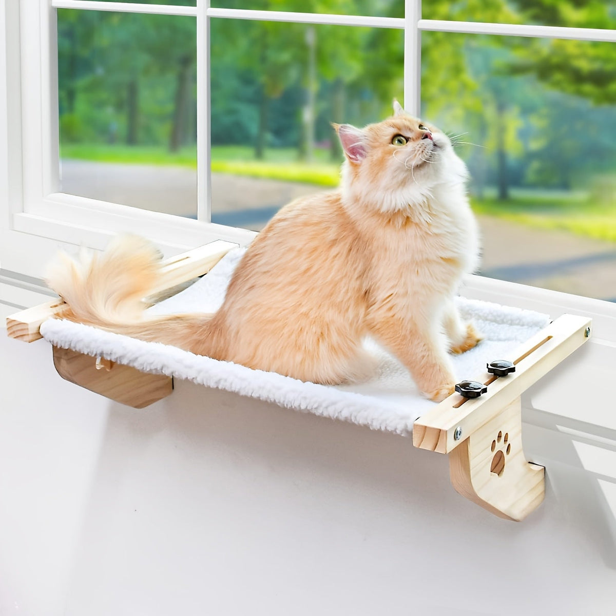 Perchoir et hamac de fenêtre pour chats d'intérieur – Cadre robuste en bois et métal, fixation facile et ajustable pour rebord de fenêtre, chevet, tiroir et placard, supporte les grands chats, lit étagère peu encombrant pour chat