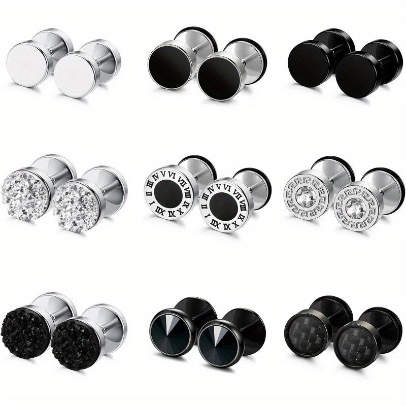 Lot de 16 fausses boucles d'oreilles écarteurs pour hommes et femmes – Clous d'oreilles style plug en acier inoxydable 316L, 8 mm, styles variés noirs et argentés, ensemble de boucles d'oreilles hypoallergéniques, idéal pour un cadeau