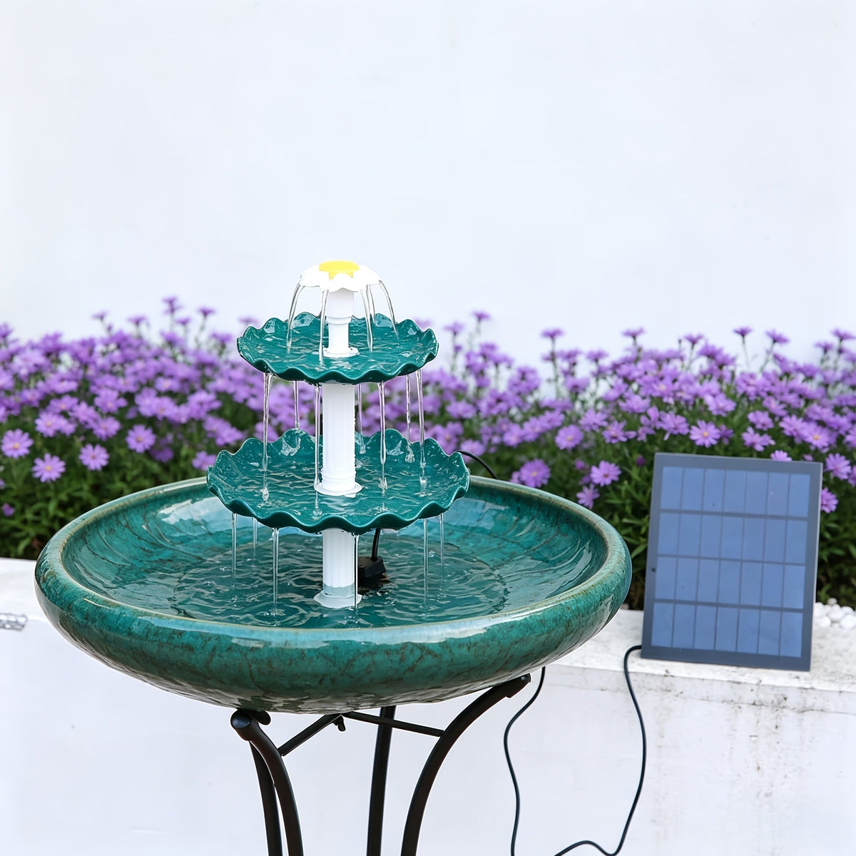 Fontaine à oiseaux solaire à 3 niveaux 3,5 W – Pompe de fontaine solaire pour décoration de jardin ou cour extérieure, sans câblage, vert foncé, bleu clair ou fontaine seule, options à un ou trois niveaux