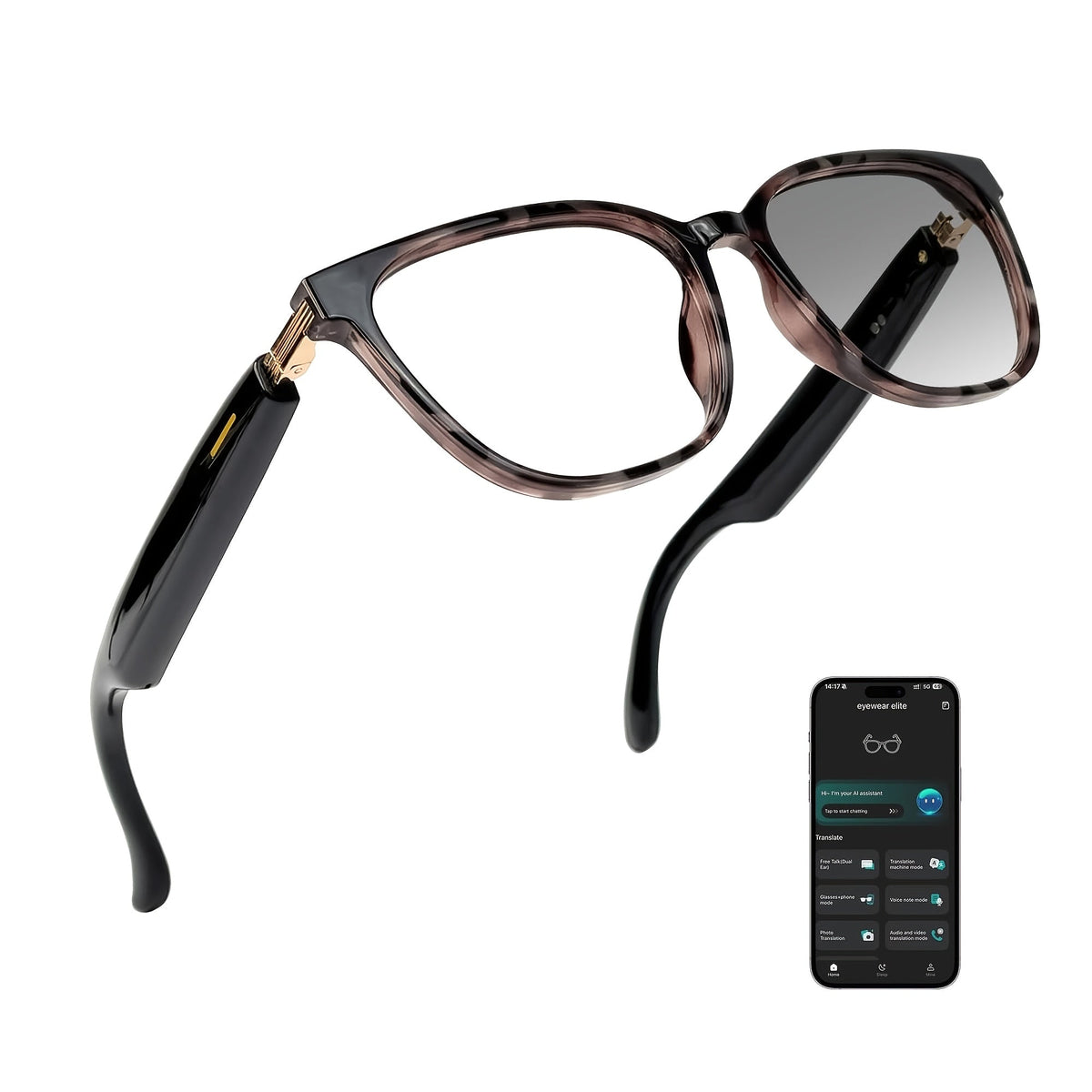 Lunettes intelligentes avec traduction instantanée en 160 langues, assistant GPT, audio Bluetooth 5.2, appels mains libres, lecture de musique, verres photochromiques et anti-lumière bleue – Technologie portable unisexe