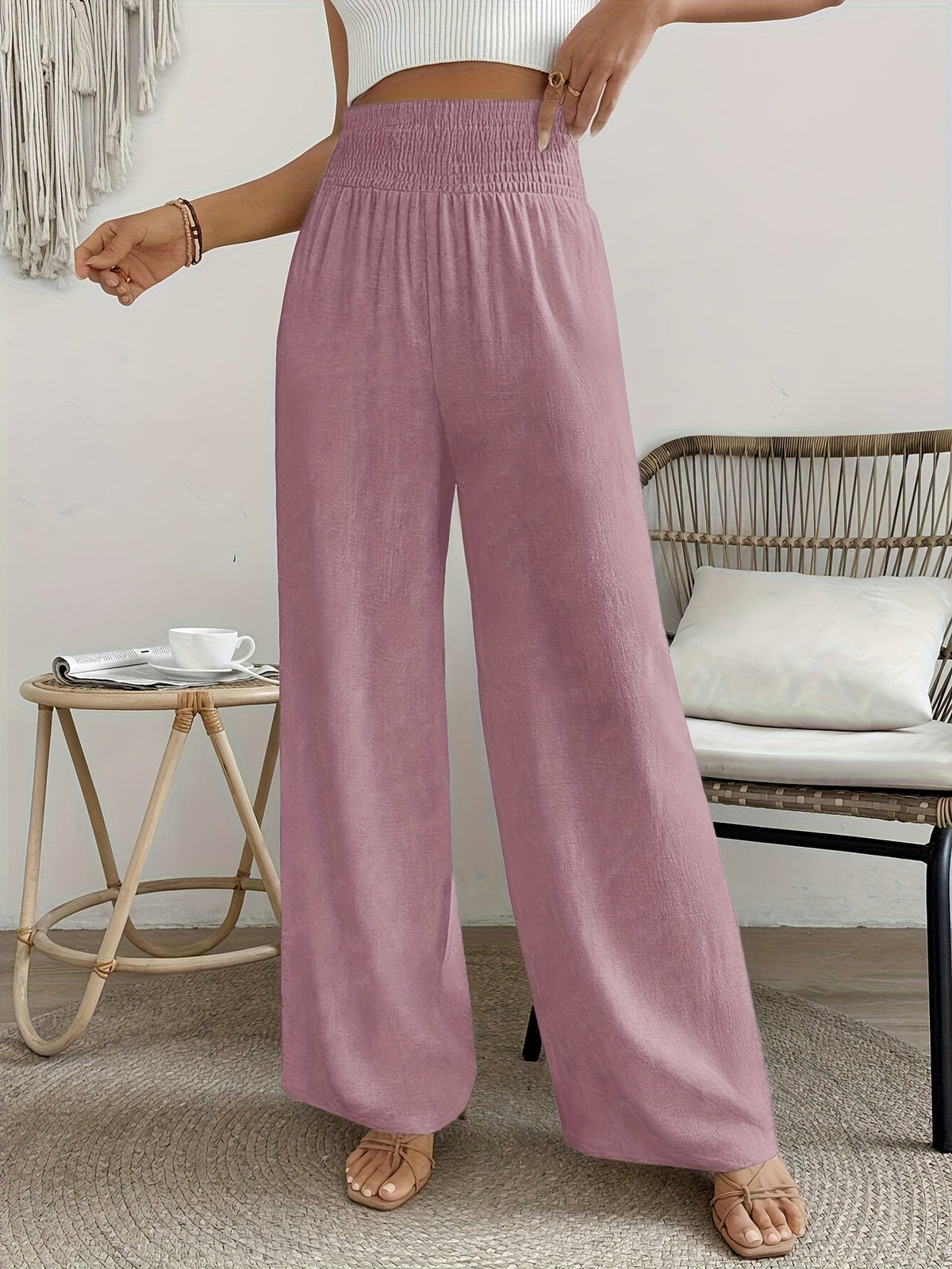 Pantalon élégant taille haute pour femme, couleur unie, matière lisse légèrement extensible - Pantalon décontracté chic, lavable en machine, idéal pour le printemps, l'été, l'automne, le bureau ou le quotidien