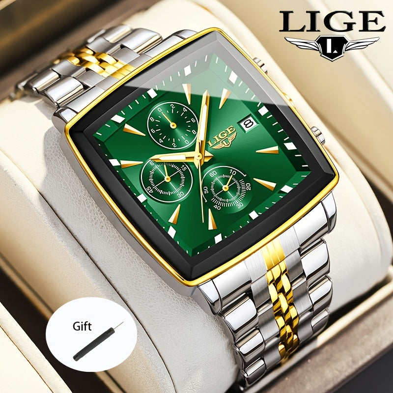 Montre à quartz analogique carrée pour homme LIGE – Bracelet en acier inoxydable, affichage du calendrier, montre-bracelet style sport preppy pour hommes et adolescents, 8 options de couleur, cadeau d'anniversaire ou de remise de diplôme bleu noir doré