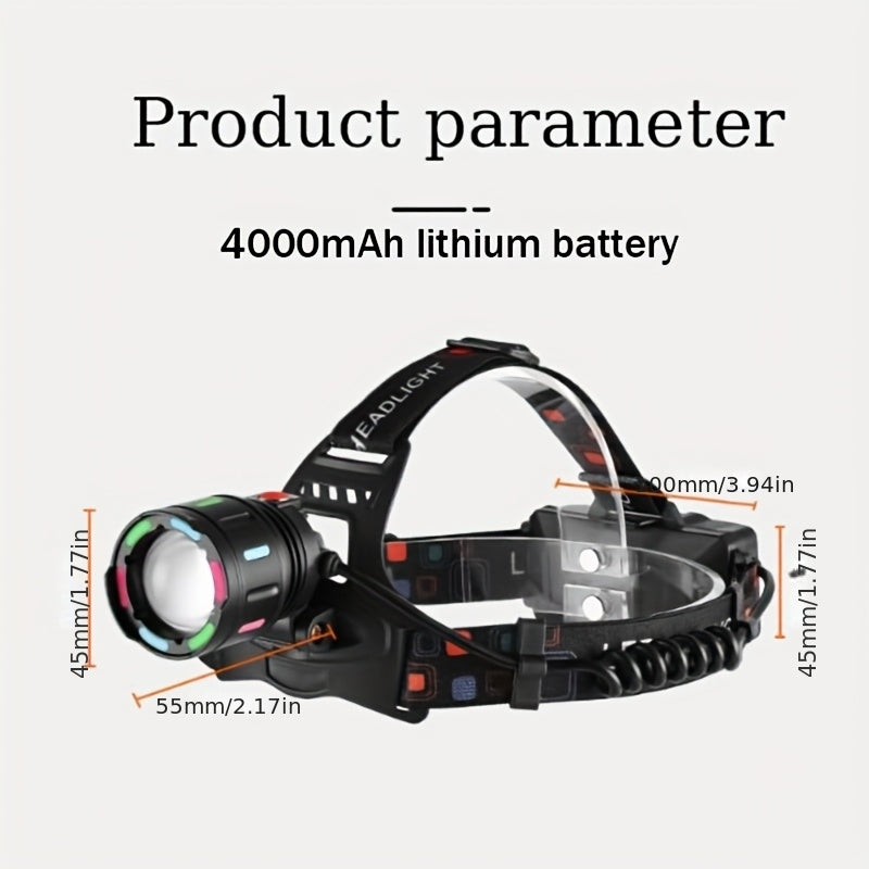 Lampe frontale LED rechargeable, 4 modes, focale réglable, inclinaison à 90°, feu arrière d'avertissement, pour le camping, la randonnée, l'aventure, les réparations d'urgence, lampe durable pour adultes