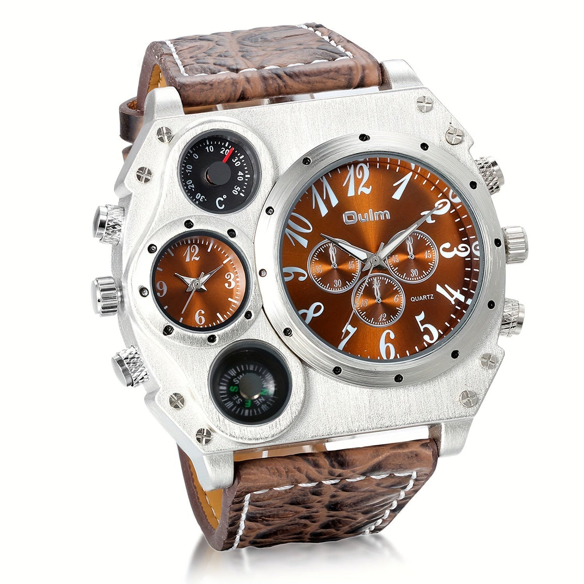 Montre à quartz pour homme à double fuseau horaire et grand cadran – Bracelet en similicuir, aiguilles lumineuses, boîtier en acier inoxydable, montre-bracelet sport décontractée pour homme, cadeau idéal