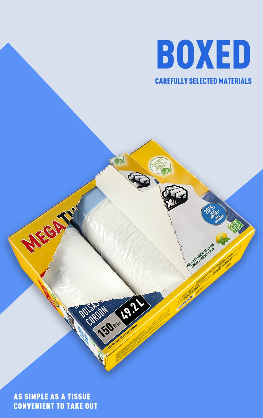 Sacs poubelle de cuisine de 50 litres avec liens coulissants et neutralisateur d'odeurs – Sacs jetables résistants aux perforations et aux déchirures, parfum frais menthe et citron, disponibles en boîtes de 78 et 150 unités