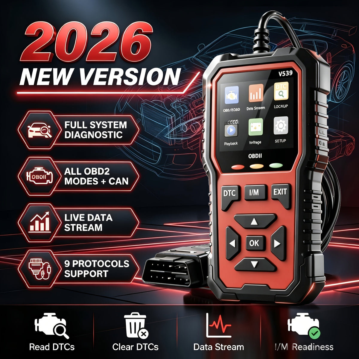 Scanner OBD2 V539 – Lecteur de code moteur complet avec 6 modes de réinitialisation, test de tension de batterie, lit et efface les codes sans batterie – Compatible avec tous les véhicules OBD2/EOBD de 1996 et plus récents