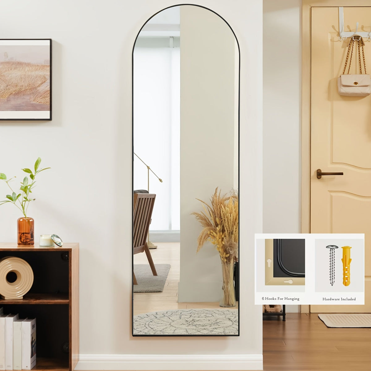 Miroir pleine longueur arqué avec support 64x21 / 59x16 pouces, miroir de sol en verre nano incassable avec cadre en alliage d'aluminium, miroir pleine longueur sur pied pour chambre, salon, vestiaire, décoration murale
