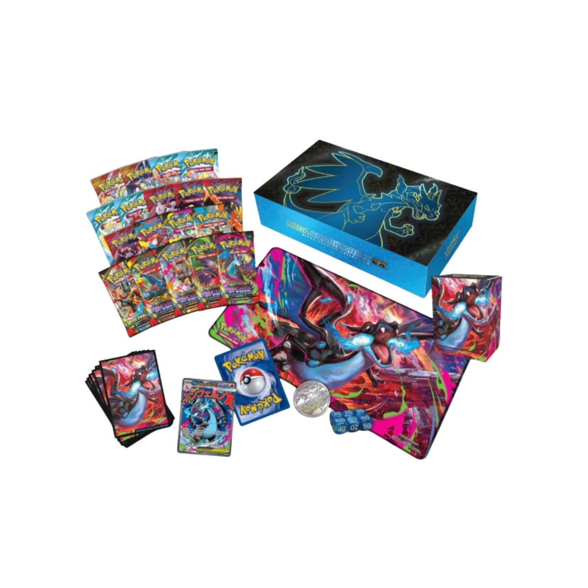Coffret Ultra-Premium Pokémon JCC Méga Dracaufeu X-ex – 18 boosters, 2 cartes promo brillantes, tapis de jeu, étui à cartes, 65 protège-cartes, pièce métallique et carte à code pour le JCC Live