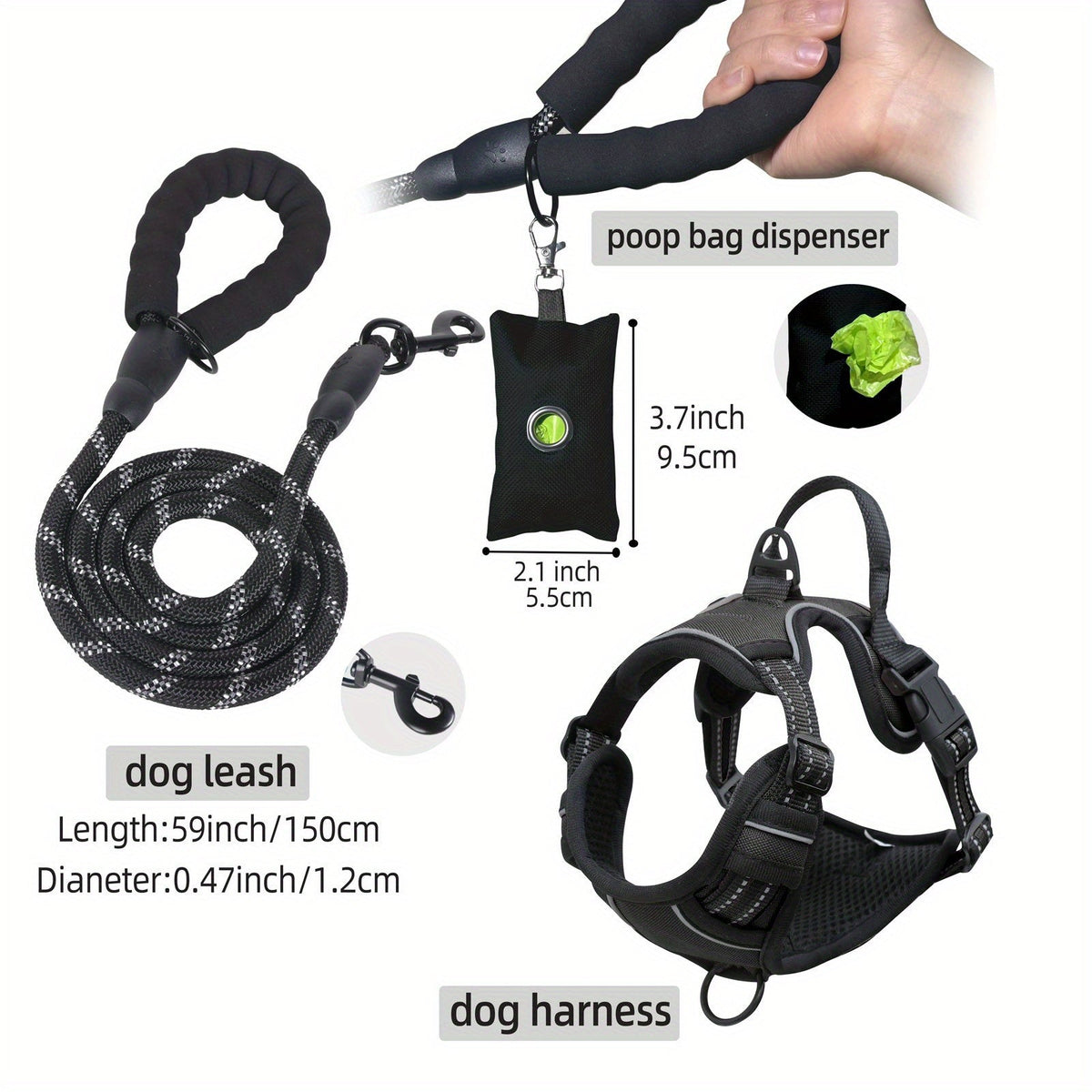 Ensemble laisse, harnais et distributeur de sacs à déjections pour chien – Harnais gilet réglable, respirant et anti-fugue pour chiens de taille moyenne à grande avec bandes réfléchissantes – Kit de promenade anti-traction rembourré avec porte-sac intégré
