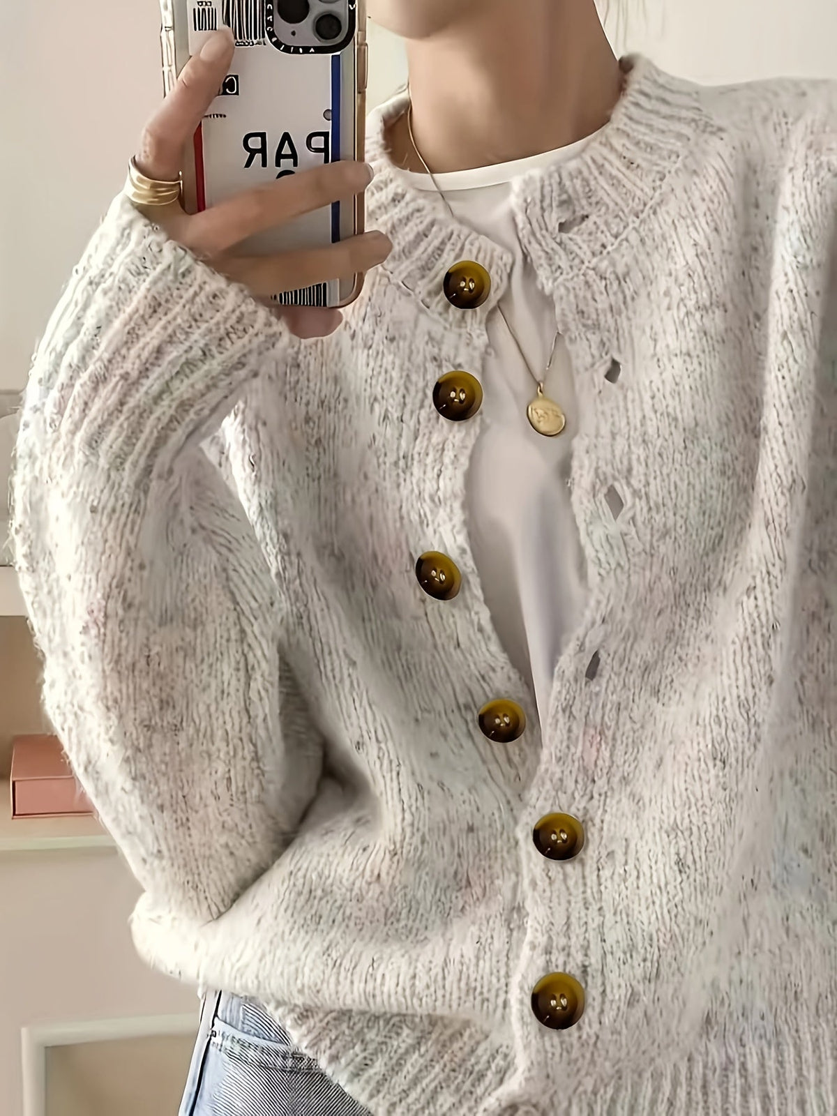 Cardigan décontracté pour femme à boutons, manches longues, col rond, maille colorée | Haut élégant et léger en tissu extensible à motif pois bonbon, tailles S M L XL