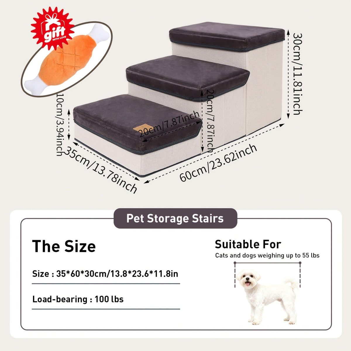 Escalier pliable pour petits chiens à 3 marches – Rampe pour animaux en nylon antidérapant pour lits et canapés surélevés, design pliable compact, marron et blanc, inclut une peluche en forme de patte de poulet en bonus