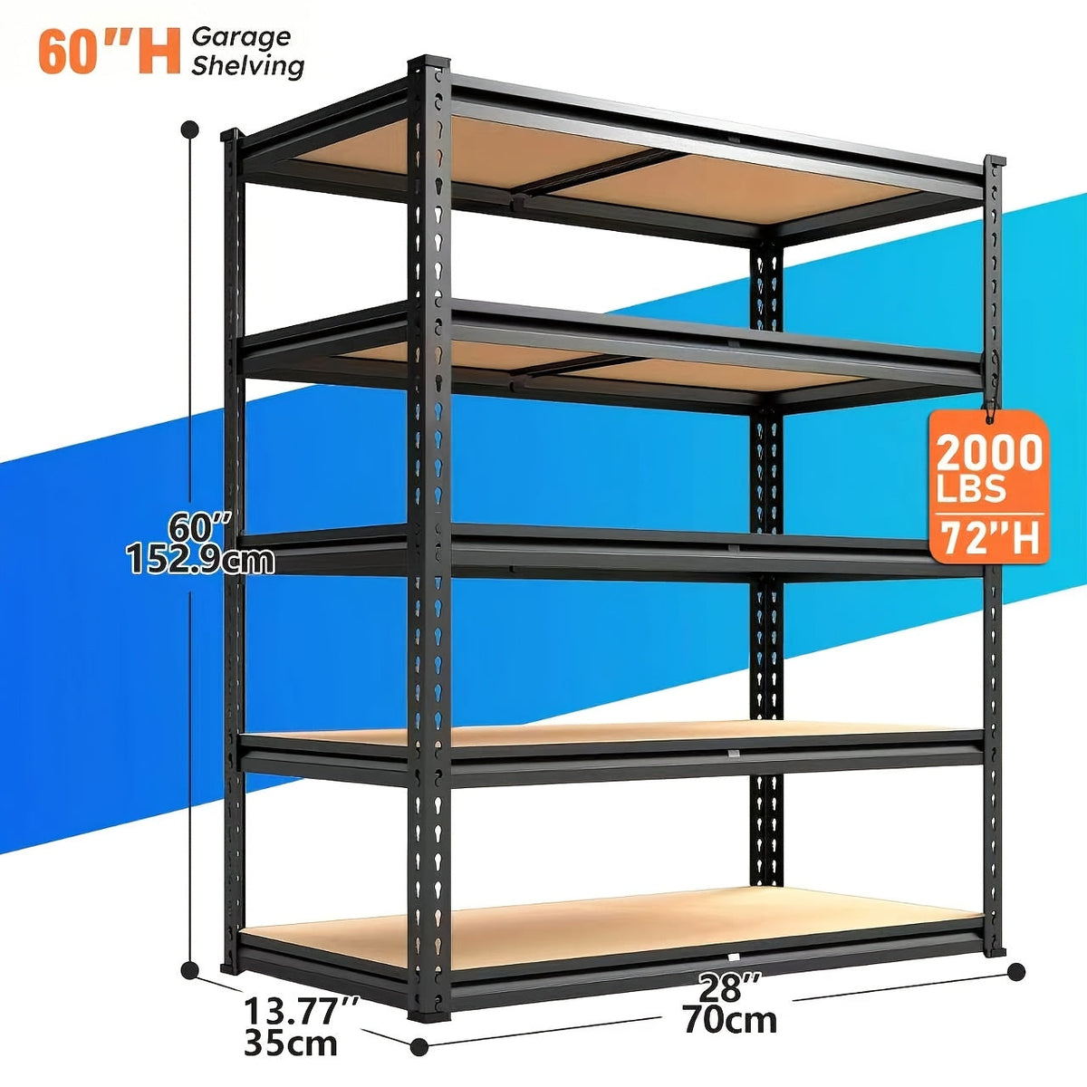 Étagère de rangement robuste en métal à 5 niveaux, capacité de 907 kg (2000 lb), hauteur 152 cm (60 po), structure en acier ajustable – Rayonnage pour garage, sous-sol, garde-manger, placard et buanderie, entrepôt local aux États-Unis