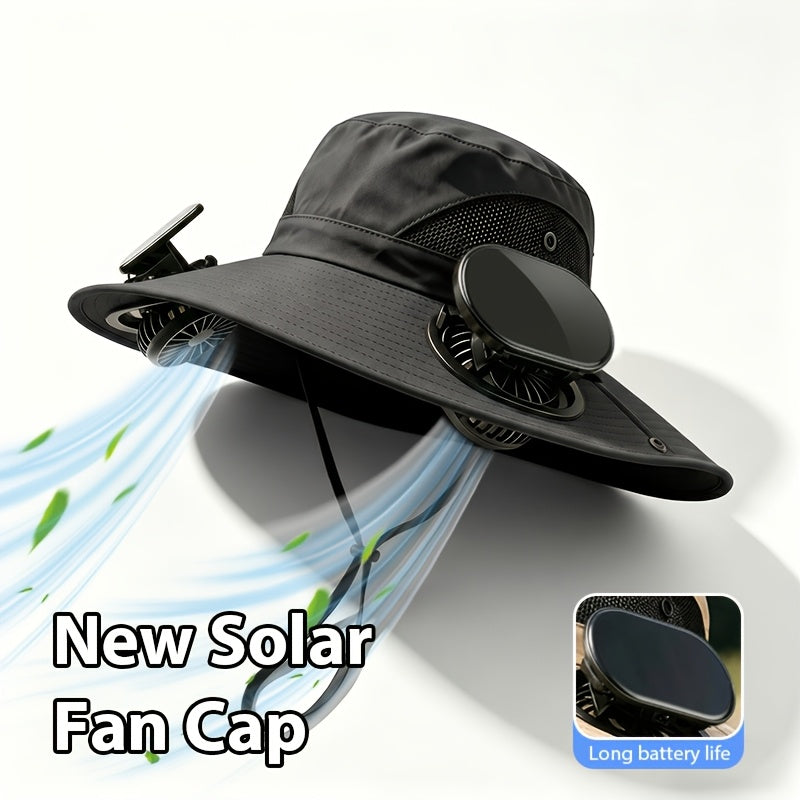 Chapeau de soleil à large bord pour homme avec 2 ventilateurs intégrés – Chapeau de pêche respirant avec protection UV pour le camping, la randonnée et la plage en été