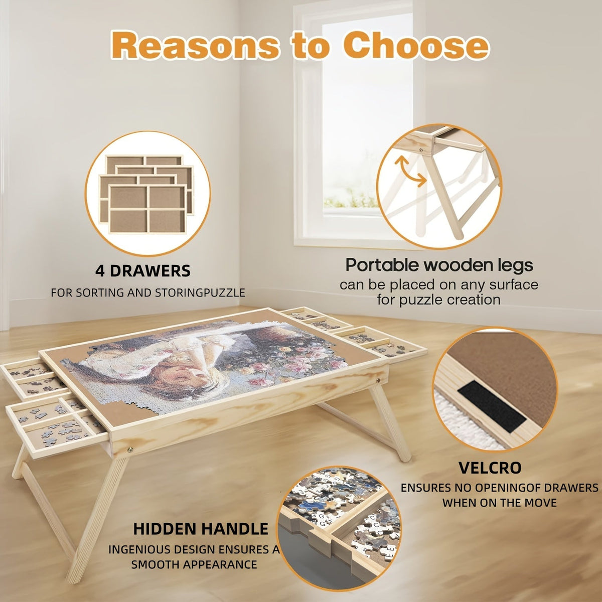 Table de puzzle en bois avec pieds pliants - 4 tiroirs et 16 compartiments de tri, plateau de puzzle portable pour puzzles de 1000 pièces, rangement en bois naturel pour adultes et enfants, maison et école