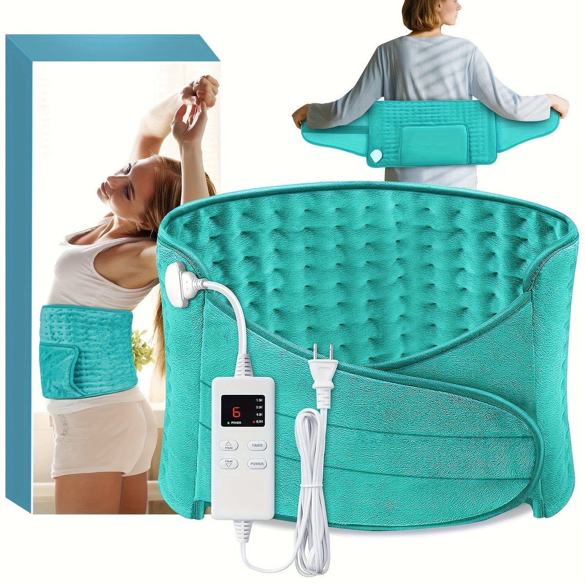 Ceinture chauffante électrique pour soulager les maux de dos, 30 x 60 cm – 6 niveaux de chaleur (40-65°C), arrêt automatique après 6 heures, 4 minuteurs, tour de taille réglable (60-115 cm), coussin chauffant lavable pour hommes et femmes
