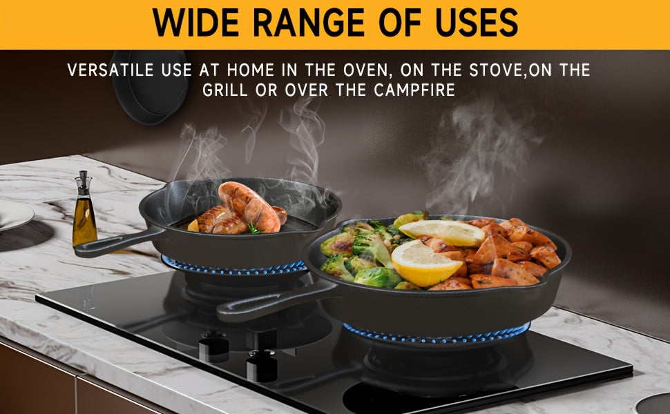 Ensemble de 3 poêles en fonte avec bec verseur – Batterie de cuisine robuste antiadhésive pré-culottée pour les repas de fêtes, le camping en VR, les repas au feu de camp, compatible four et plaque de cuisson, cadeau de cuisine