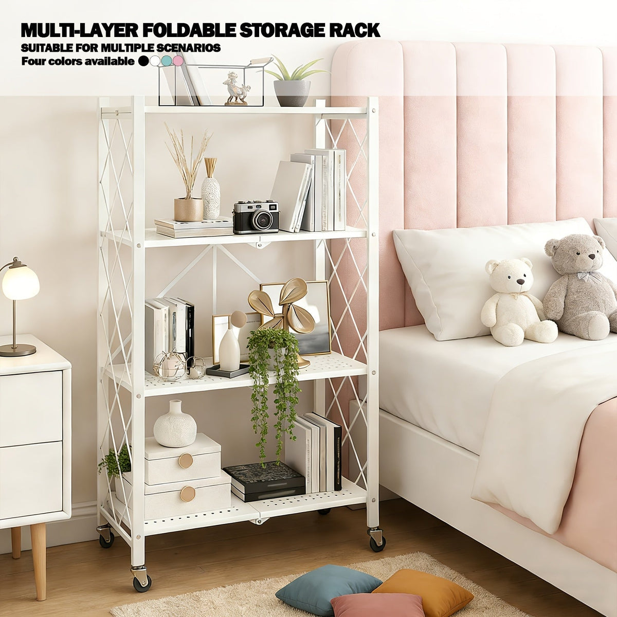 Heavy Duty Folding Storage Rack with Wheels β 3/4/5-Tier Portable Floor-Standing Shelf, No Assembly Required, for Home, Office, Bedroom & Dorm, 4 Colors Available
