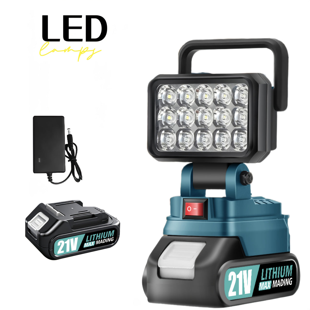 Lampe de travail LED compatible avec batterie Makita 21V – Lanterne de camping portative haute luminosité, étanchéité IP4X, protection intelligente de la batterie, lampe d'urgence pour coupure de courant, ouragan et randonnée, Noir Jaune Bleu