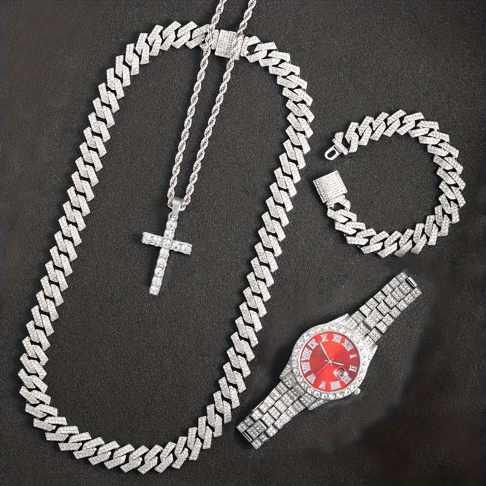 Parure de bijoux 4 pièces avec montre strass et pendentif croix, montre-bracelet analogique à quartz, collier, bracelet et boucles d'oreilles, cadeau unisexe pour lui ou elle, mariage