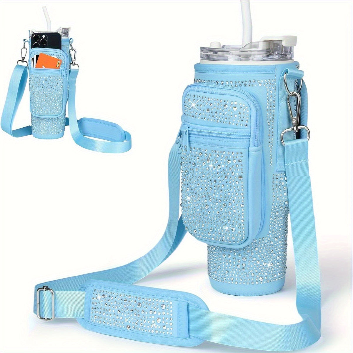 Sac porte-gobelet en néoprène avec poche pour téléphone et bandoulière réglable – Compatible avec les gobelets de 30 et 40 oz, porte-bouteille à clip pour la randonnée, le camping et les sports de plein air, 4 couleurs