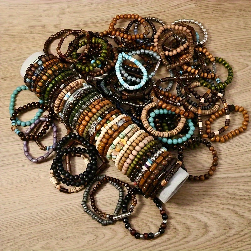 Lot de 36 bracelets à perles en bois style bohème pour femmes et hommes – Faits main, style vintage avec breloques en alliage de zinc, lot de bijoux en gros pour cadeaux et fêtes