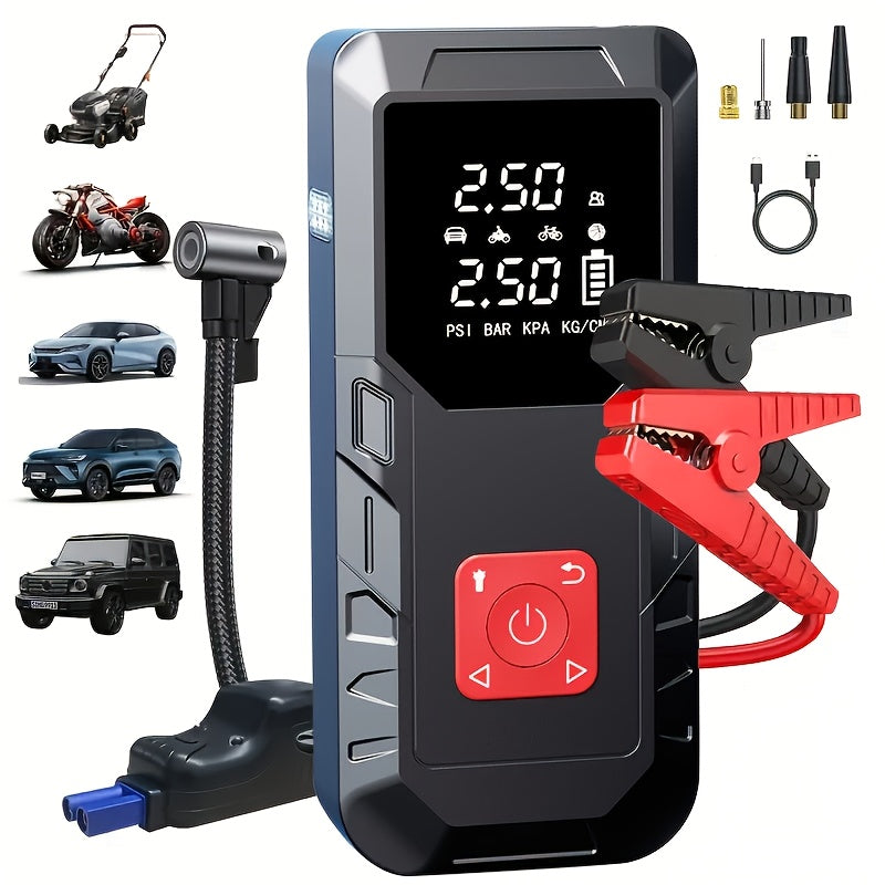 Démarreur de voiture 10000 A avec compresseur d'air 350 PSI, batterie de secours portable 9 en 1 avec lampe LED, charge rapide USB Type-C, gonfleur de pneus – Kit d'urgence pour voiture 12 V et cadeau