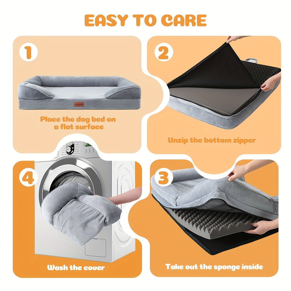 Canapé-lit pour chien extra large, 100 % mousse de soutien, traversin sur 4 côtés, housse amovible et lavable, fond antidérapant, soutien articulaire, lit pour animal de compagnie doux et chaud, gris, M L XL XXL, toutes races