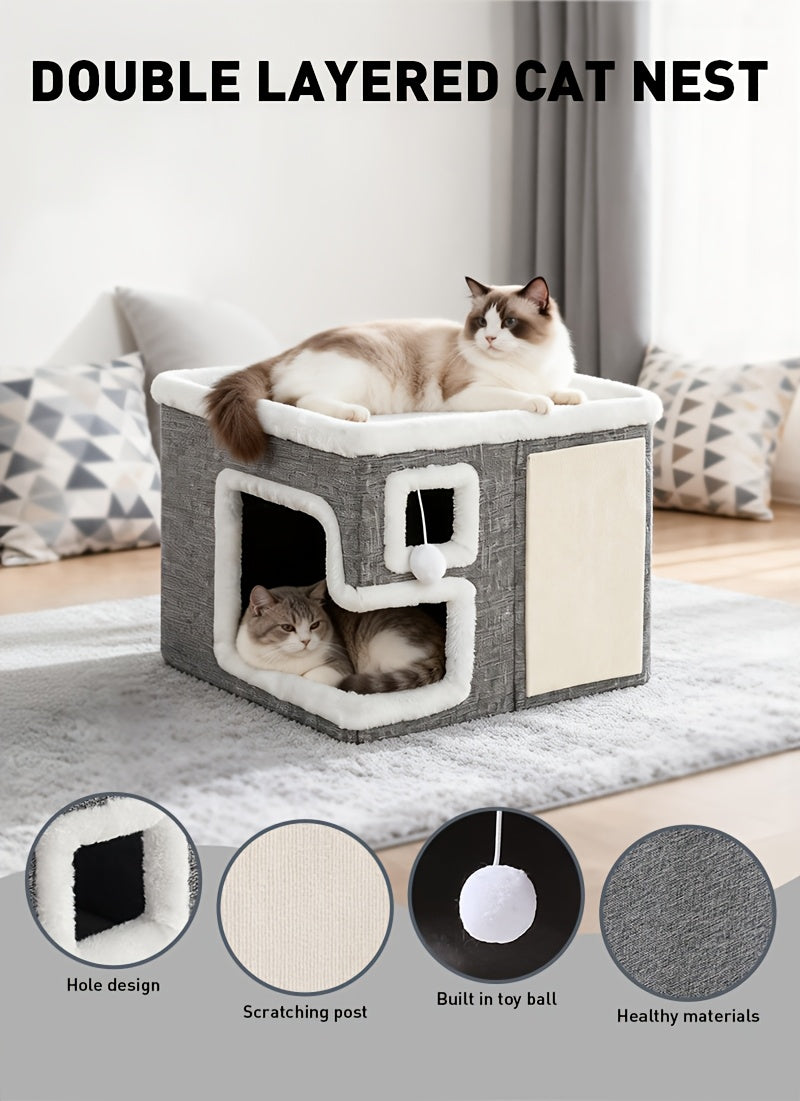 Maison pour chat 3-en-1 d'intérieur – Ottoman luxueux en bois pour dormir, jouer et faire ses griffes, cube refuge pour chats, adapté aux foyers multi-chats, gris clair, taille standard et grande