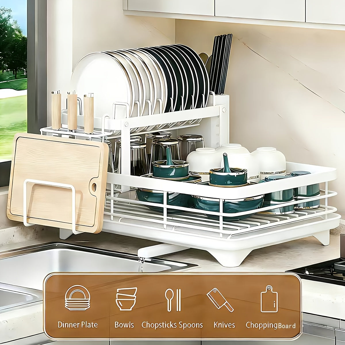 Égouttoir à vaisselle à 2 niveaux pour comptoir de cuisine avec plateau d'égouttage, tapis de drainage, porte-couteaux, porte-fourchettes, porte-gobelets, organisateur d'ustensiles, accessoire de cuisine, cadeau pour femme pour la fête des mères