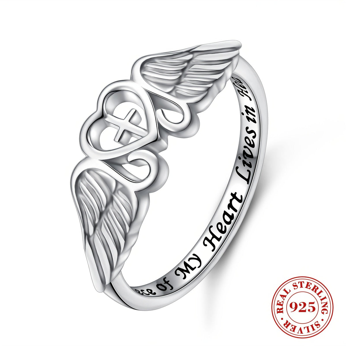Bague commémorative aile d'ange en argent sterling S925 – Une partie de mon cœur vit au ciel, plaquée rhodium, cadeau de sympathie pour la perte d'une maman, d'un papa, d'un grand-parent, d'une fille ou d'un fils, tailles 5-10