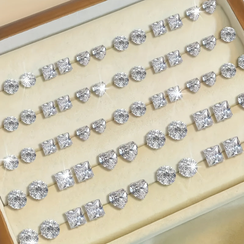 Lot de 72 boucles d'oreilles puces en zircon pour femmes et hommes, ensemble géométrique cœur, rond, carré, bijoux fantaisie étincelants en cristal, cadeau hypoallergénique