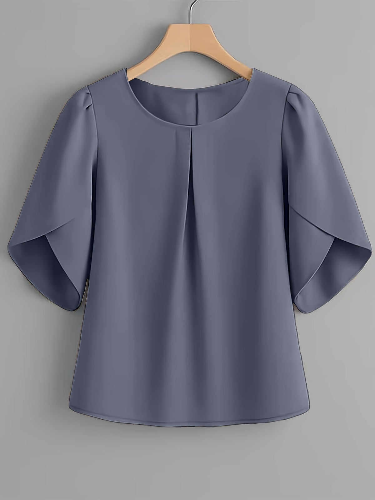 Chemisier femme à manches courtes, col rond, poignets à volants et plis sur la poitrine – Haut élégant en tissu 100 % polyester, semi-transparent, avec manches fendues