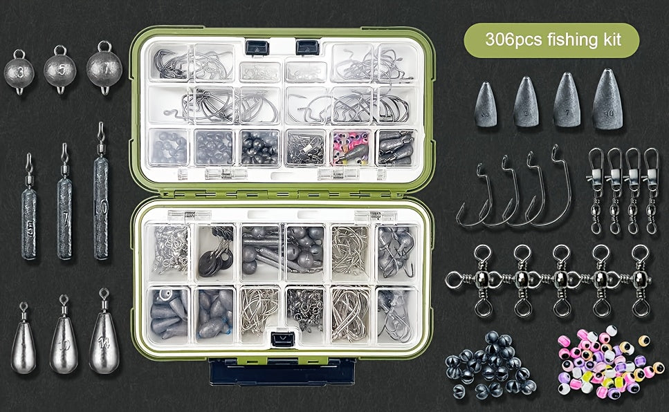Kit de leurres de pêche 306 pcs et 84 pcs – Boîte de pêche complète avec hameçons, plombs, flotteurs, turluttes, perles, émerillons et agrafes | Ensemble d'accessoires de pêche en eau douce pour bar, truite et carpe