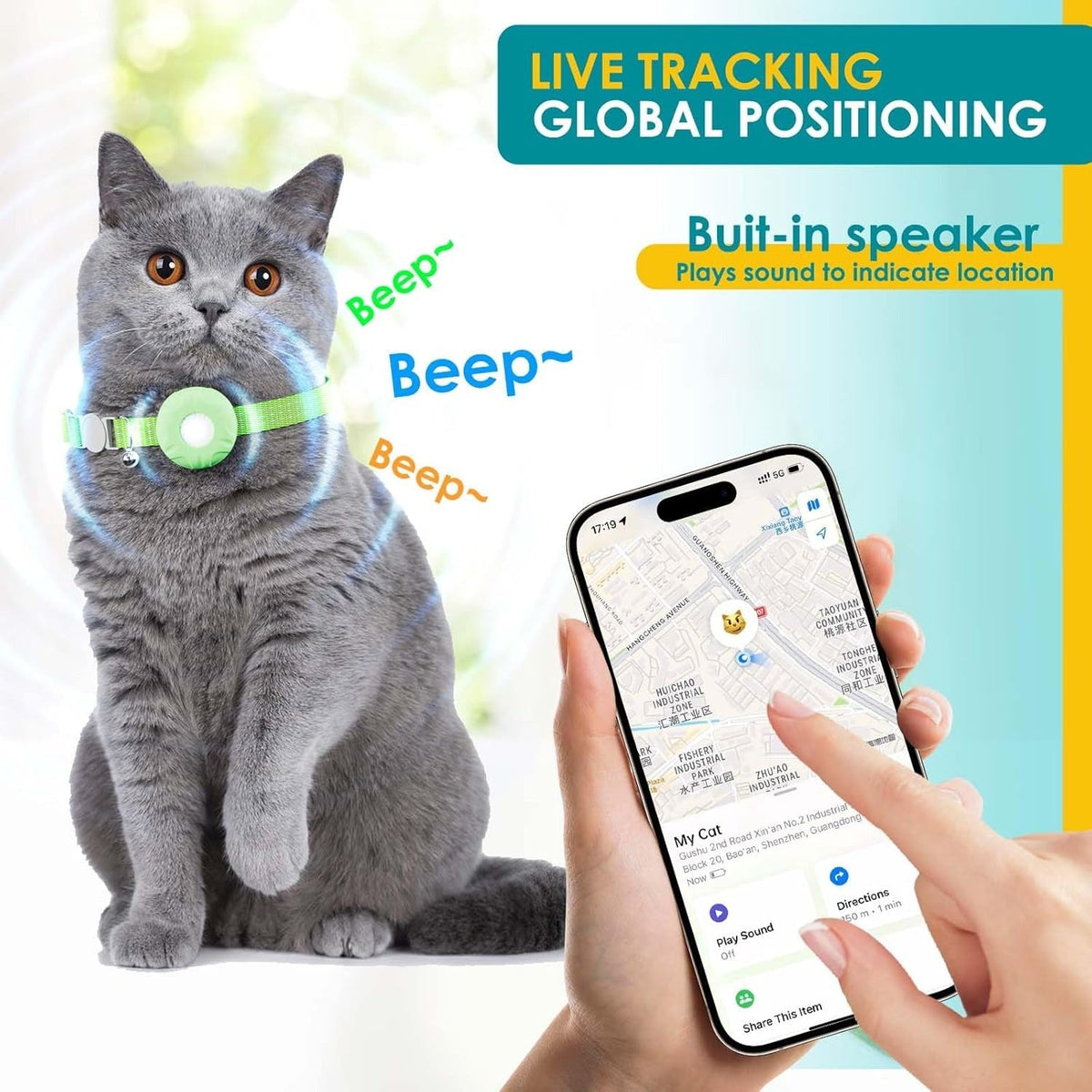 Traceur GPS léger pour chats – Compatible avec Apple Localiser et Localiser mon appareil Android, localisation en temps réel, sans frais mensuels, alertes de zones intelligentes, dispositif de suivi anti-perte pour collier de chat