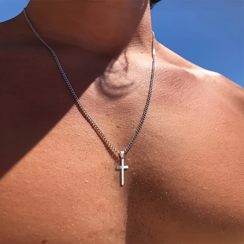 Collier avec pendentif croix pour homme, chaîne cubaine plaquée or 18 carats, acier inoxydable 304, bijou minimaliste et décontracté, cadeau pour lui, acier doré