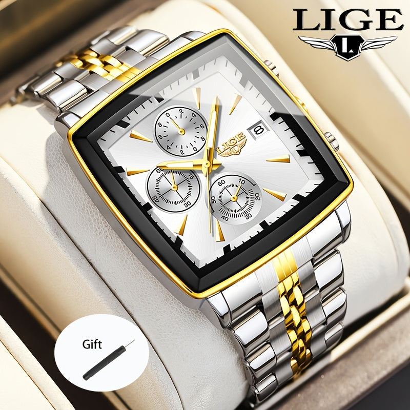 Montre à quartz analogique carrée pour homme LIGE – Bracelet en acier inoxydable, affichage du calendrier, montre-bracelet style sport preppy pour hommes et adolescents, 8 options de couleur, cadeau d'anniversaire ou de remise de diplôme bleu noir doré