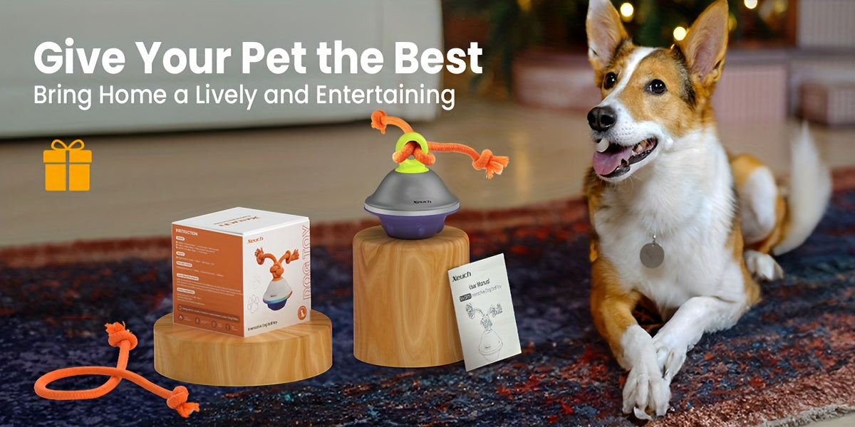 Jouet balle roulante automatique pour chien avec corde, activé par le mouvement, enregistrement vocal, rechargeable par USB, jouet interactif stimulant pour petits et moyens chiens, anti-ennui, gris et blanc