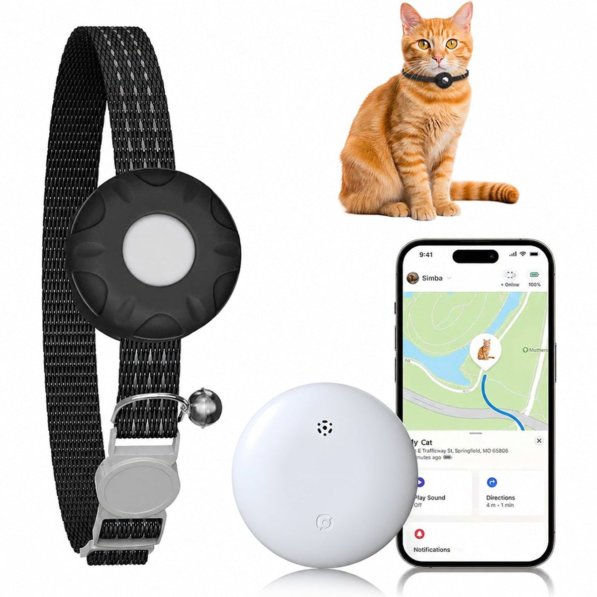 Traceur GPS léger pour chats – Compatible avec Apple Localiser et Localiser mon appareil Android, localisation en temps réel, sans frais mensuels, alertes de zones intelligentes, dispositif de suivi anti-perte pour collier de chat