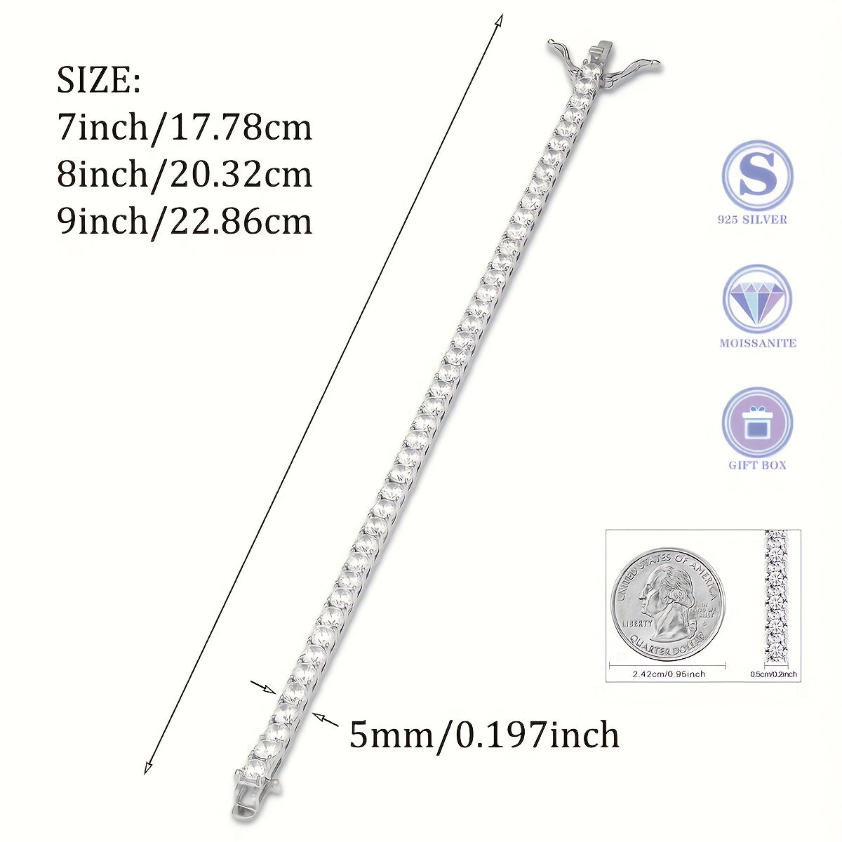 Bracelet tennis en argent sterling 925 avec moissanite de 5 mm – Bijou de luxe style hip-hop avec diamant de laboratoire étincelant, cadeau pour femme, idéal pour banquet, mariage, anniversaire, Noël, fête des mères