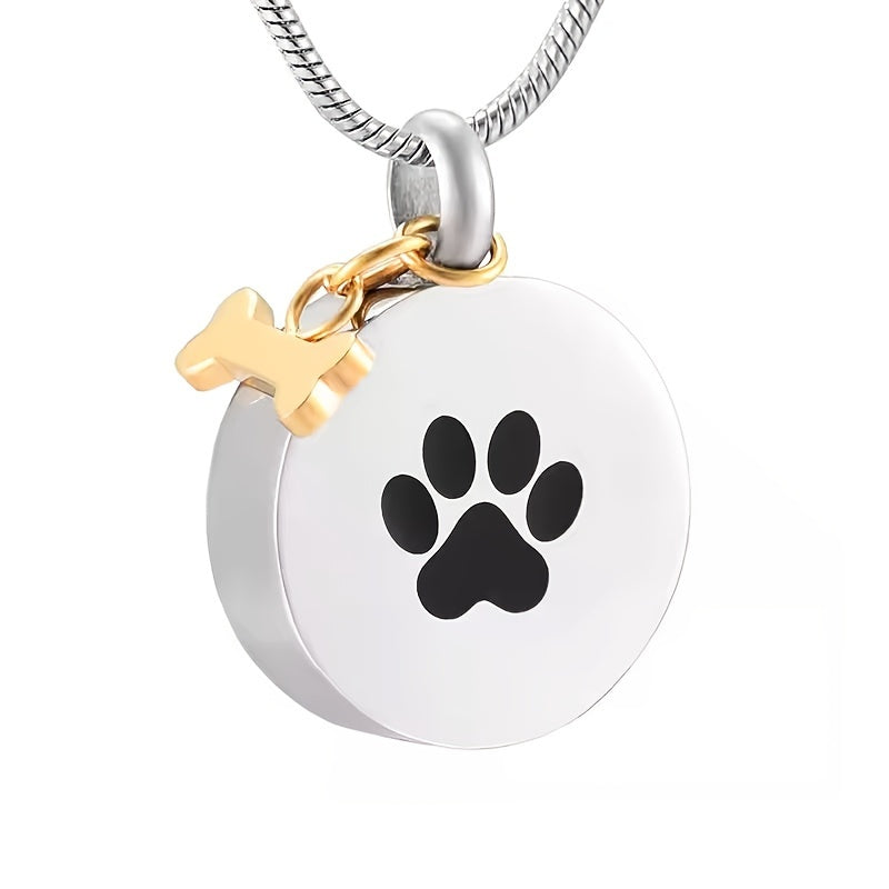Collier urne avec empreinte de patte pour cendres d'animaux - Pendentif médaillon souvenir rond en acier inoxydable pour le mémorial de chien et chat, bijoux de crémation porte-cendres pour le deuil d'un animal (argenté)