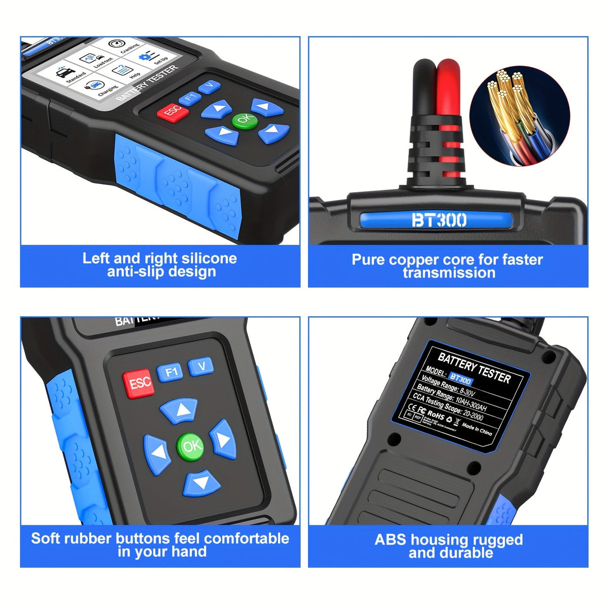 Testeur de charge de batterie de voiture 12V 24V BT300 - Analyseur numérique de batterie et d'alternateur automobile 20-2000 CCA, testeur de système de démarrage et de charge pour voitures, camions, motos, SUV, marine, AGM, gel et plomb-acide