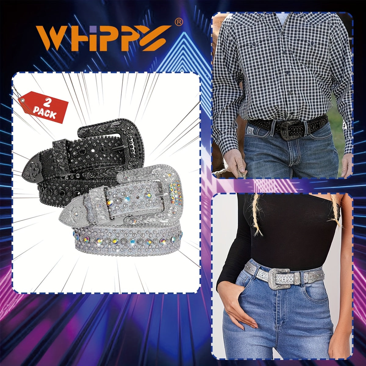 Ceinture strass unisexe style western – Ceinture ajustable scintillante en similicuir avec boucle en alliage pour hommes et femmes, tailles S-XL, cadeau pour fête, festival, Halloween, Noël