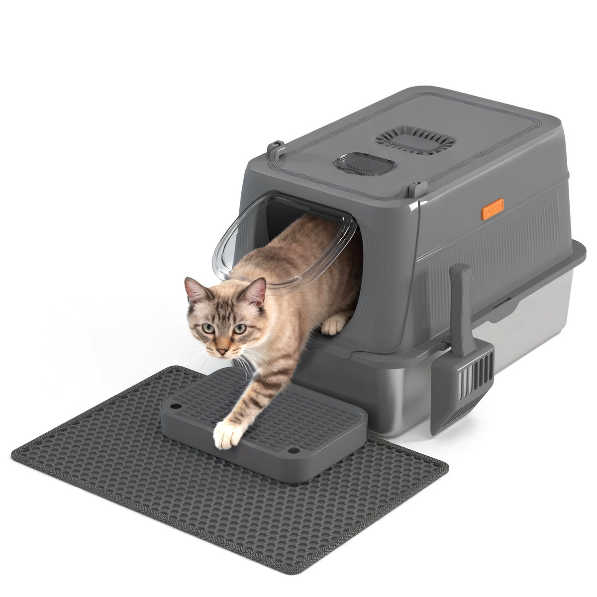 Bac à litière pour chat surdimensionné en acier inoxydable avec couvercle, toilette intérieure pliable anti-éclaboussures avec porte à rabat avant et contrôle supérieur des odeurs