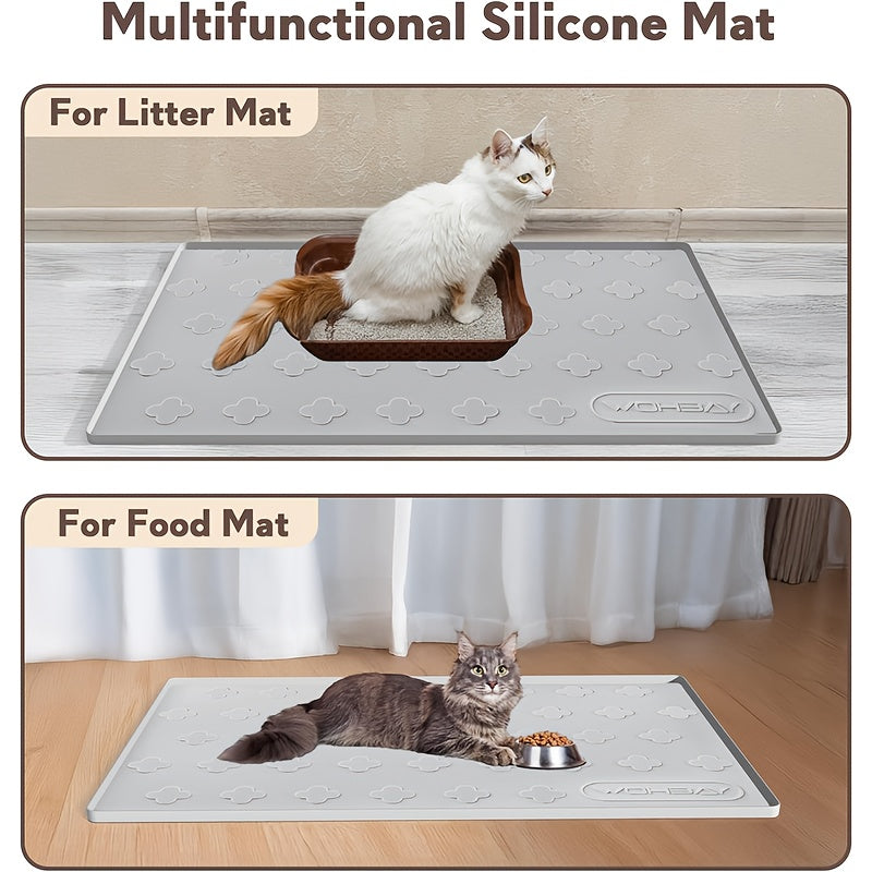 Tapis de litière pour chat en silicone XXL 3-en-1 – Protection de sol lavable et antidérapante avec bords surélevés, retient la litière, les croquettes et les miettes, tapis d'alimentation pliable pour chats, 86 x 56 cm, gris clair et gris foncé
