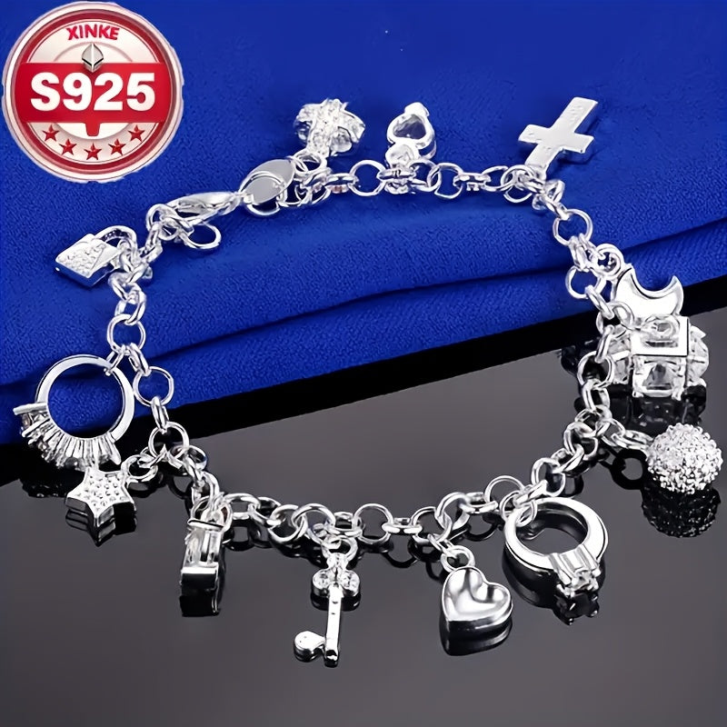 Bracelet à breloques pour femme en argent sterling 925 - Bijou de poignet élégant et léger de 2,5 g avec incrustation de zircone cubique vintage, idéal pour le quotidien, les festivals de musique, les anniversaires et les cadeaux de fêtes