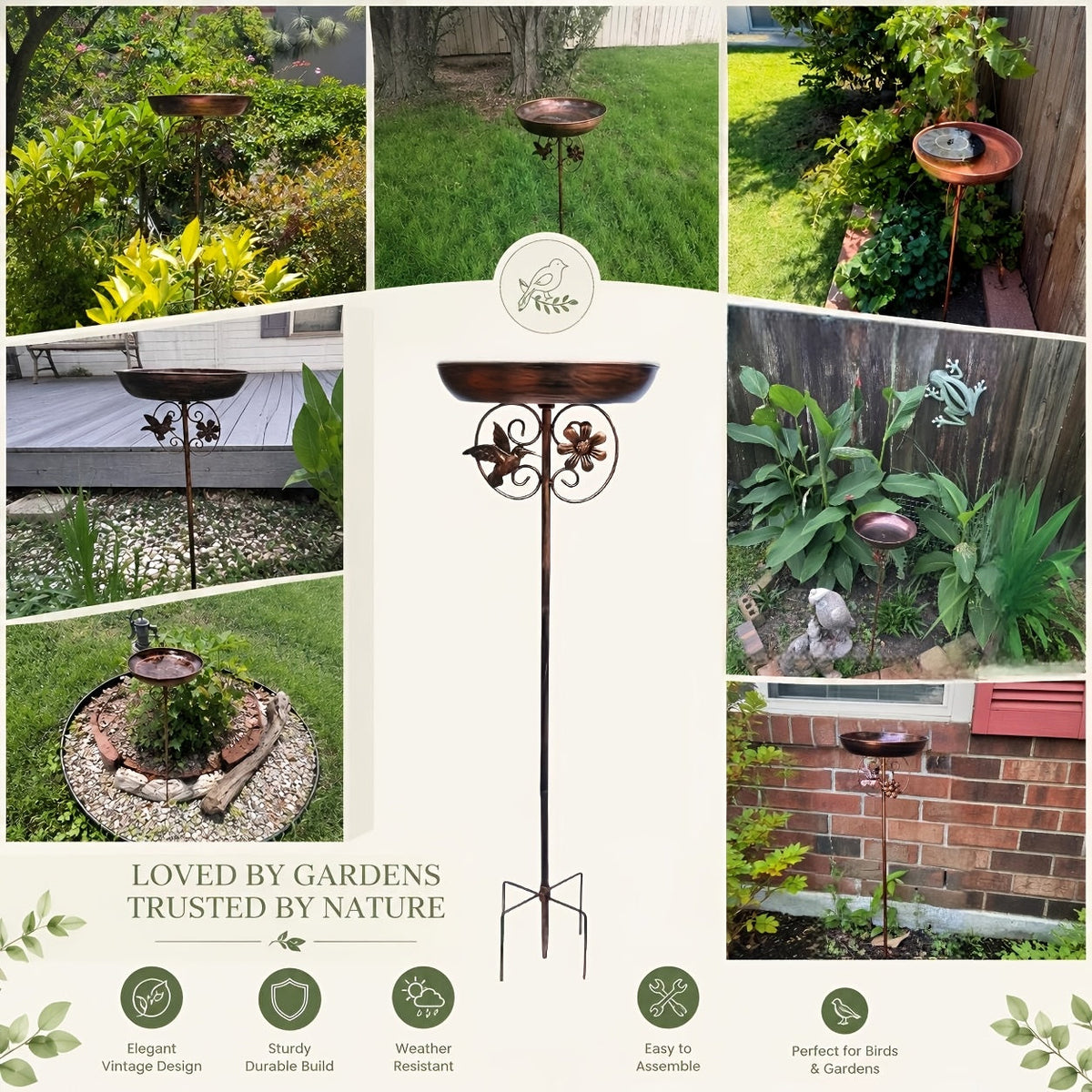 Ensemble abreuvoir et mangeoire pour oiseaux en métal avec motif tournesol – Colonne à base à 5 griffes, décoration de jardin résistante aux intempéries pour arrière-cour, cour et terrasse, attire les oiseaux sauvages