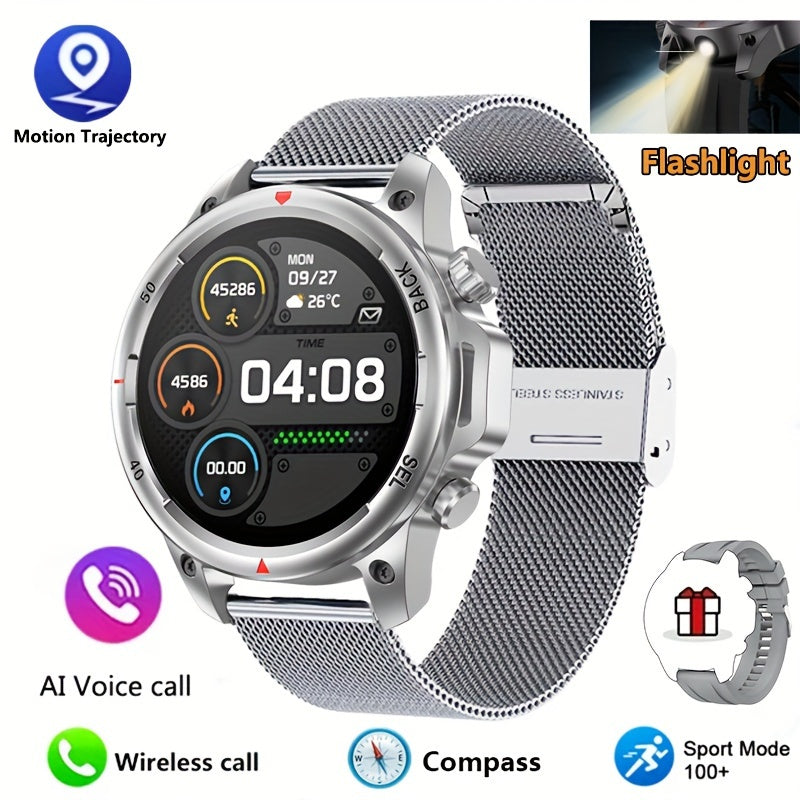 Montre connectée GPS pour homme – Écran HD 360×360, commande vocale IA, appels sans fil, NFC, boussole, éclairage LED, suivi de trajectoire, tracker de fitness pour sports de plein air, cadeau pour la fête des Pères