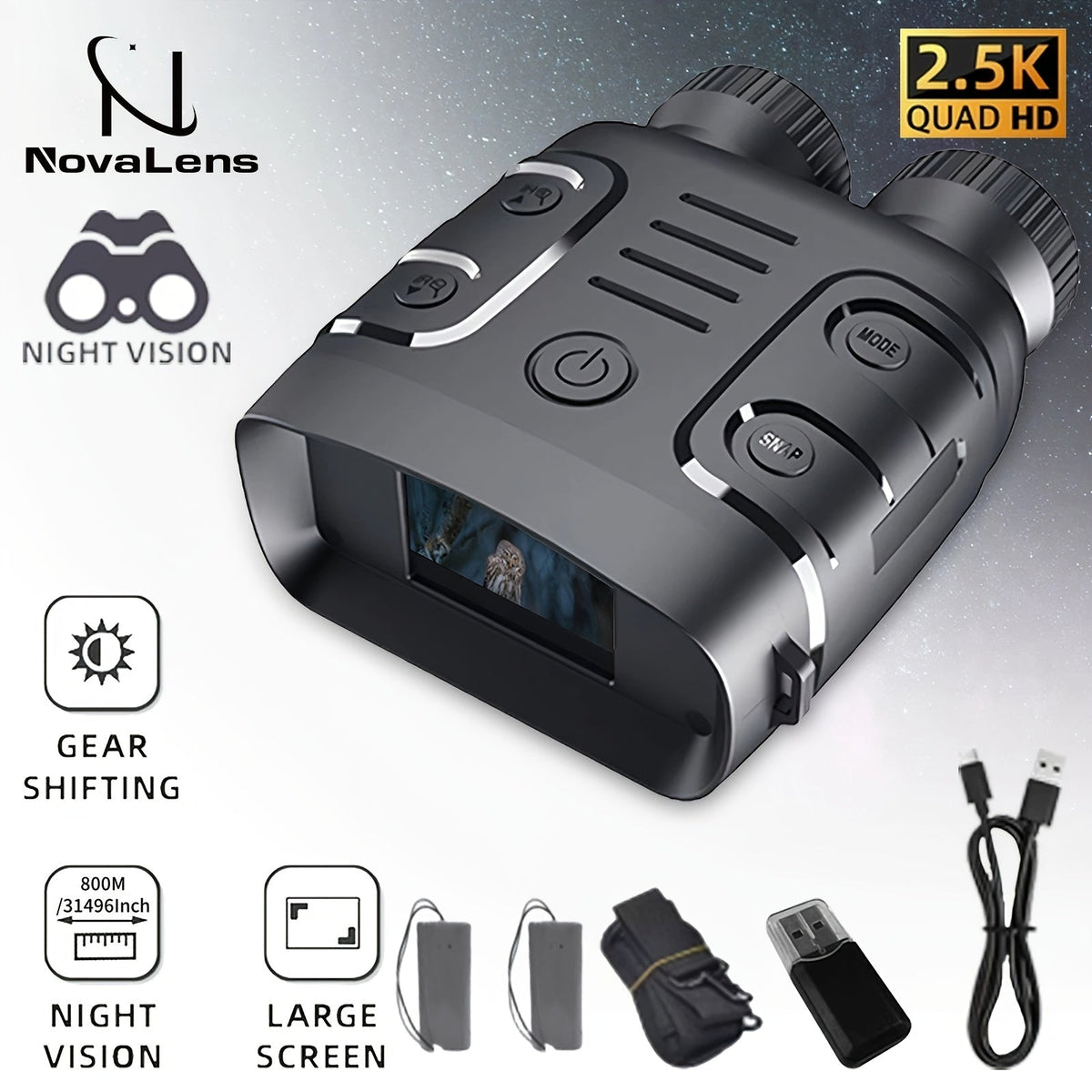 Jumelles de vision nocturne 2,5K HD – Zoom 10x, distance de visualisation de 800 m, écran 2,4", enregistrement photo et vidéo, pour la pêche, le camping, le bateau et la chasse, cadeau pratique pour hommes