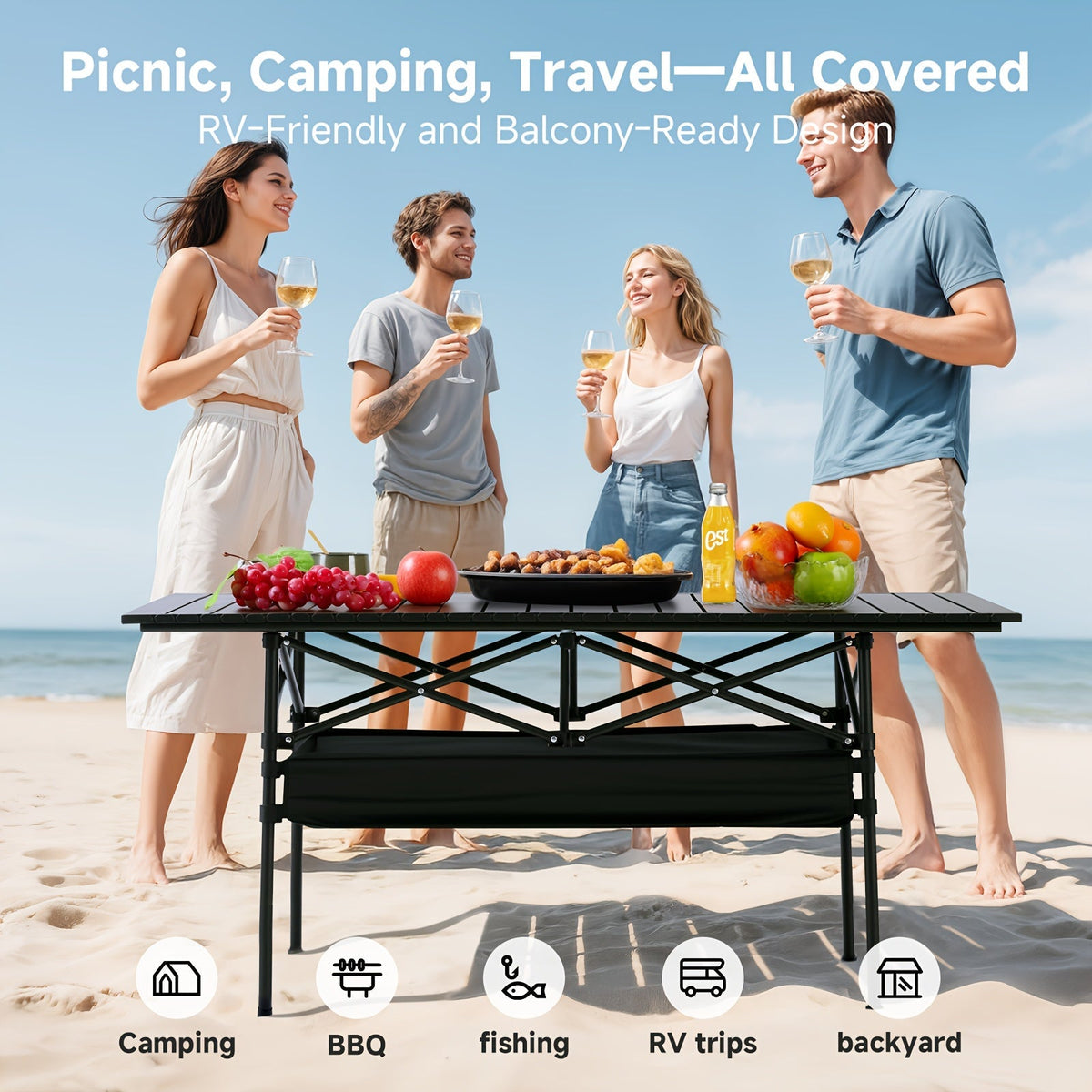 Table de camping pliante portable en aluminium, légère, pour pique-nique en plein air, avec filet de rangement et sac de transport – Hauteur réglable 95 cm, facile à ranger, pour camping, plage, jardin, barbecue, fête et terrasse